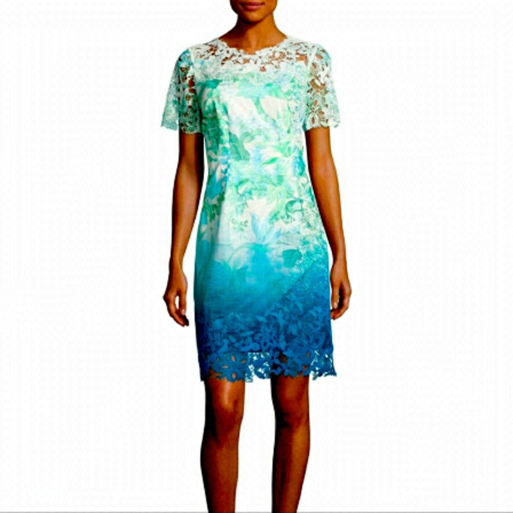 Elie Tahari Short-Sleeve Lace-Trim Ombre Organdy Dress, Green Pattern Size 4